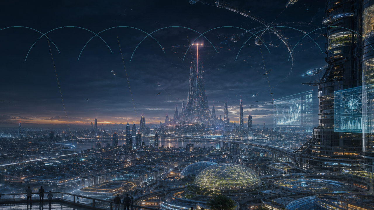 Futuristische Stadt mit Klima- und Atmosphärendaten